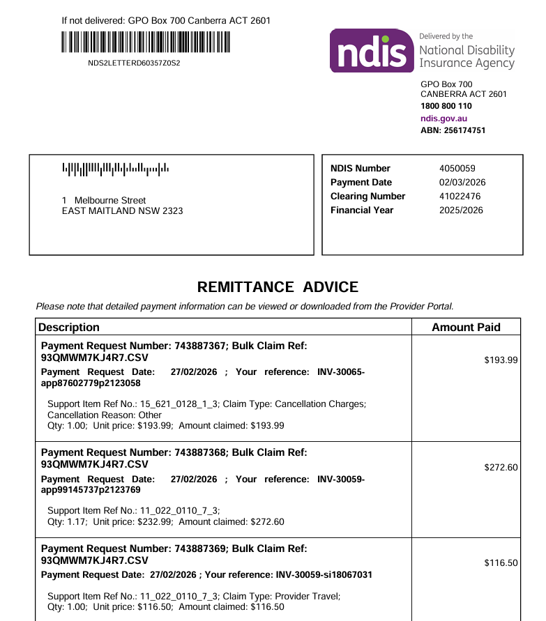 A sample NDIS remittance advice showing payment request numbers, support item codes, participant references, and amounts paid