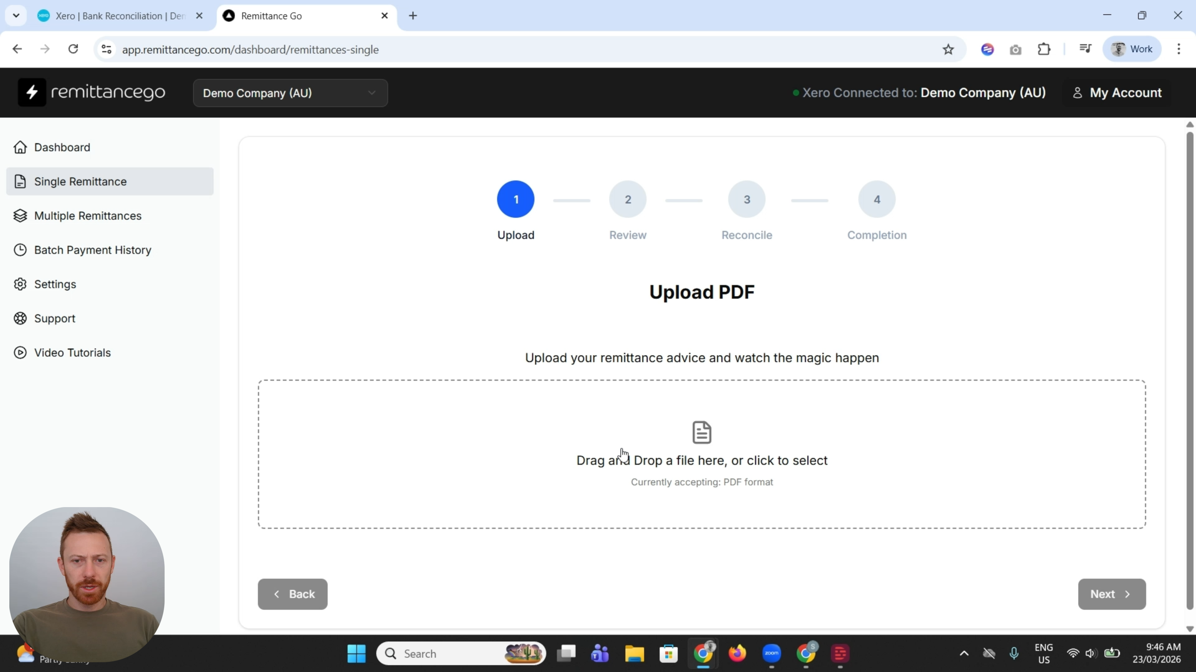 Remittance Go Review Summary showing ORC1043, ORC1034, ORC1036 and ORC1038 all matched and Authorised in Xero, with ORC1038 flagged as Underpaid or Split Payment