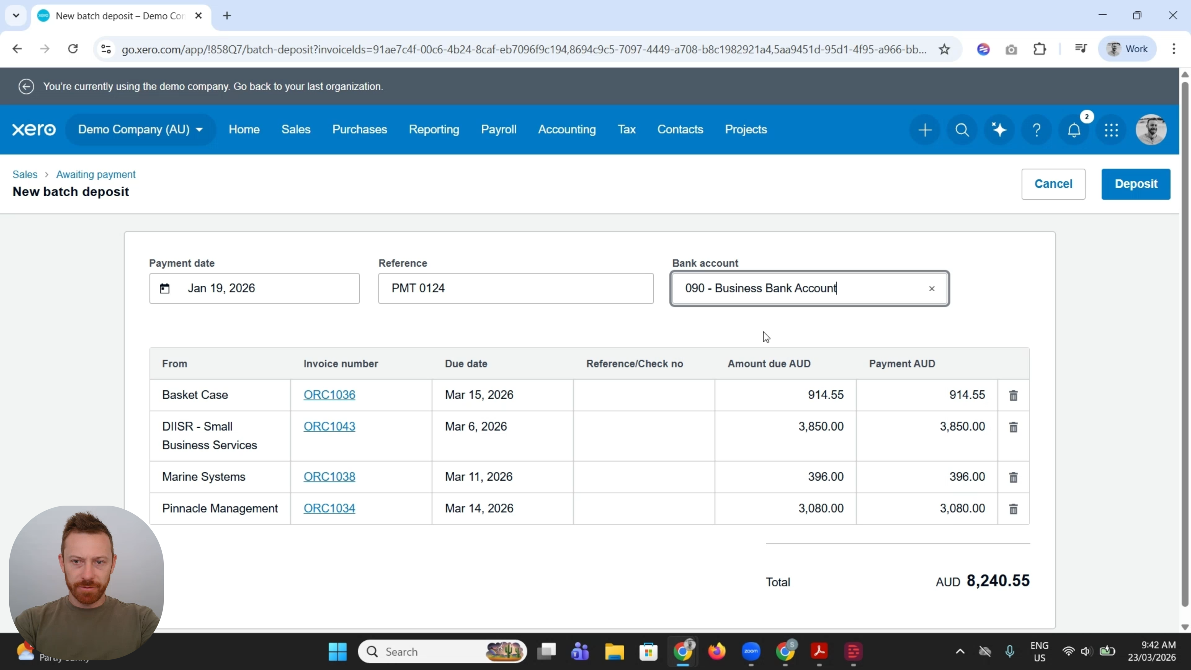 Xero bank reconciliation screen showing the $8,144.55 batch deposit automatically matched as Payment: multiple items, ready to reconcile with a single click