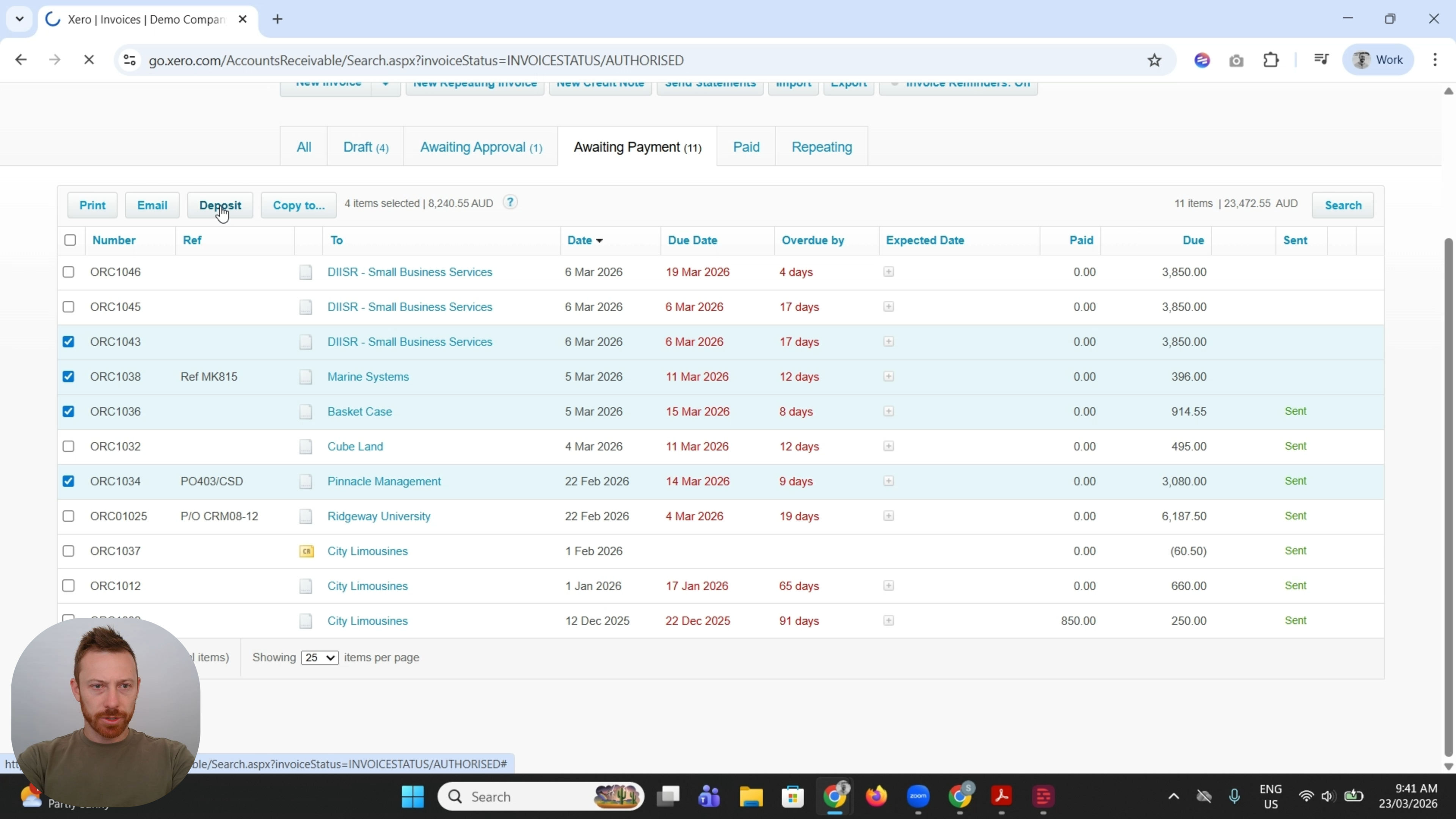 Xero New Batch Deposit screen showing payment date Jan 19 2026, reference PMT 0124, Business Bank Account, and the four invoices from Basket Case, DIISR, Marine Systems and Pinnacle Management